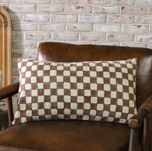 Brown Check Pillow, Feathered Farmhouse