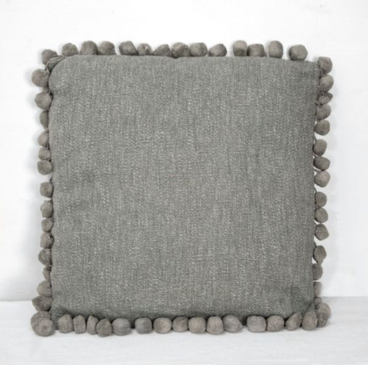 Light Grey Pom Pom Pillow, Feathered Farmhouse