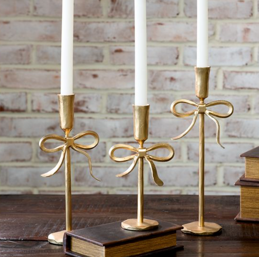 Gold Bow Candle Holders, Feathered Farmhouse