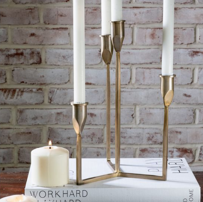 Brass Antique 4 Taper Holder, Feathered Farmhouse