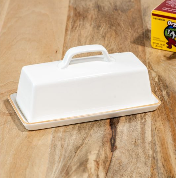 White Ceramic Butter Dish, Feathered Farmhouse