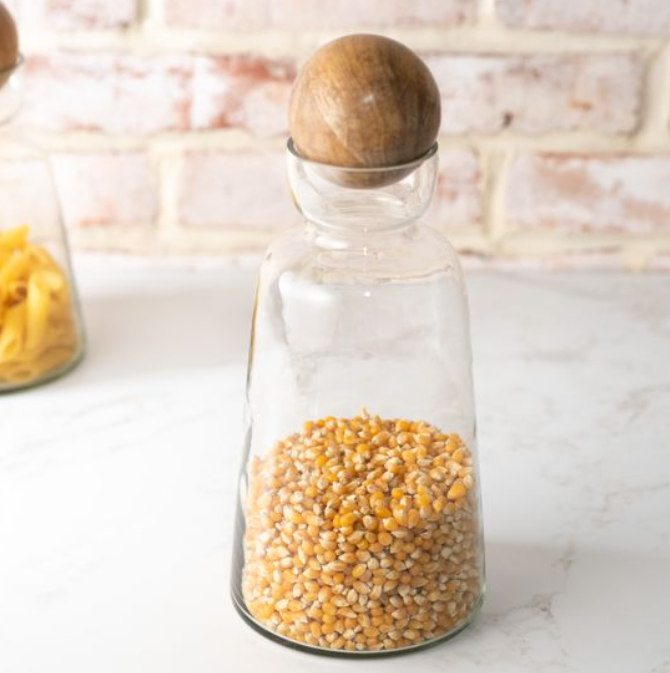Glass Caraffe with Wood Ball Top, Feathered Farmhouse