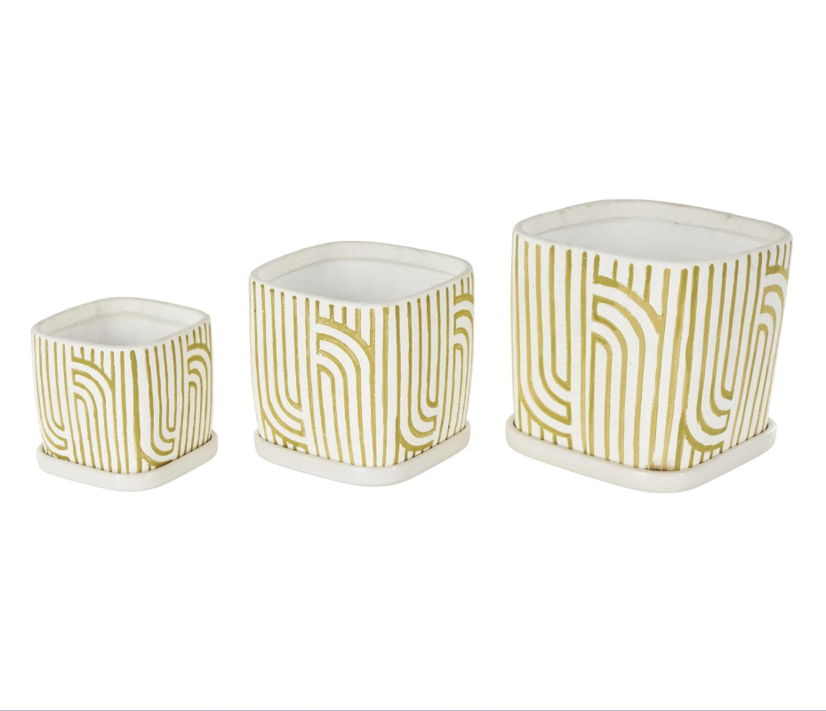 Green Geometric Patterned Planter, Feathered Farmhouse