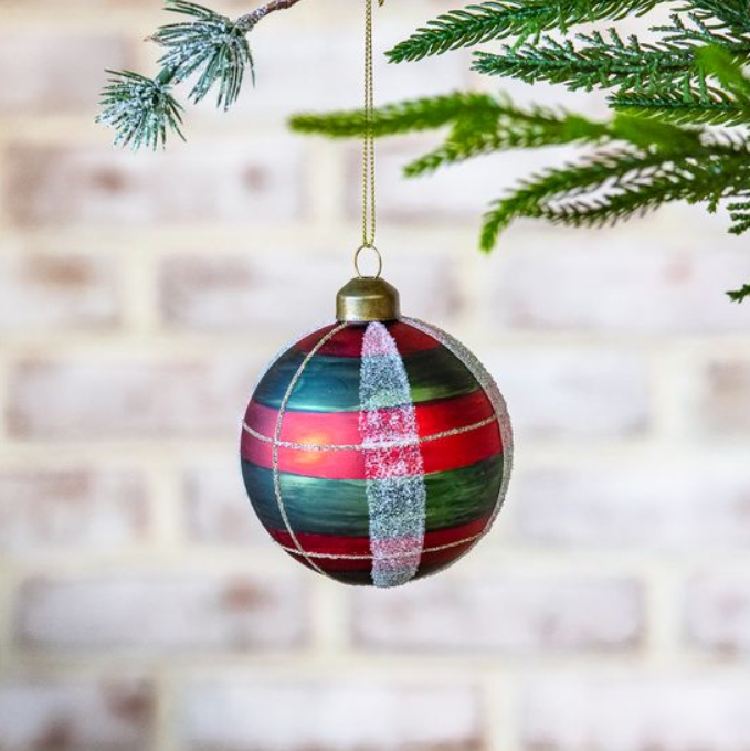Plaid Glass Ball Ornament, Feathered Farmhouse