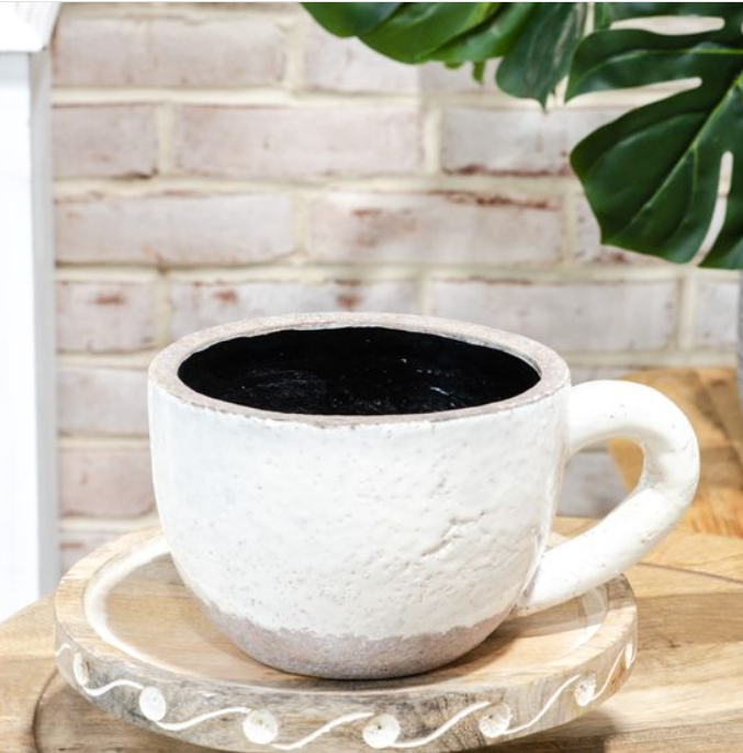 French White Coffee Cup Planter, Feathered Farmhouse