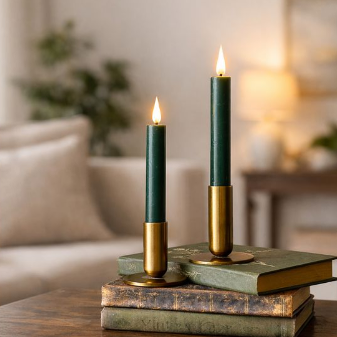 Green LED Taper Candle Set, Feathered Farmhouse
