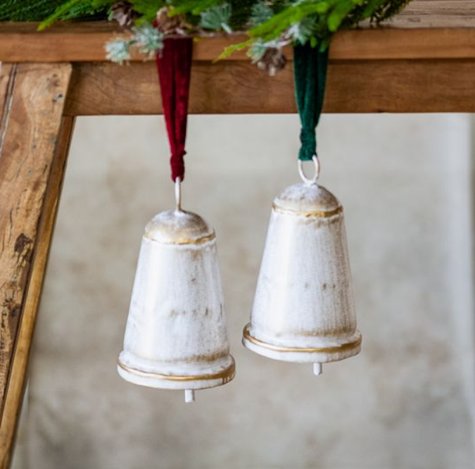 White Holiday Conical Bell, Feathered Farmhouse