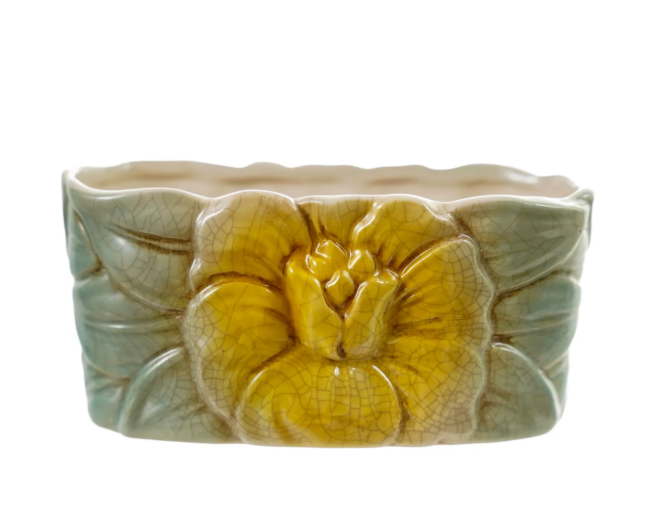 Hand-Painted Stoneware Vintage Container, Feathered Farmhouse