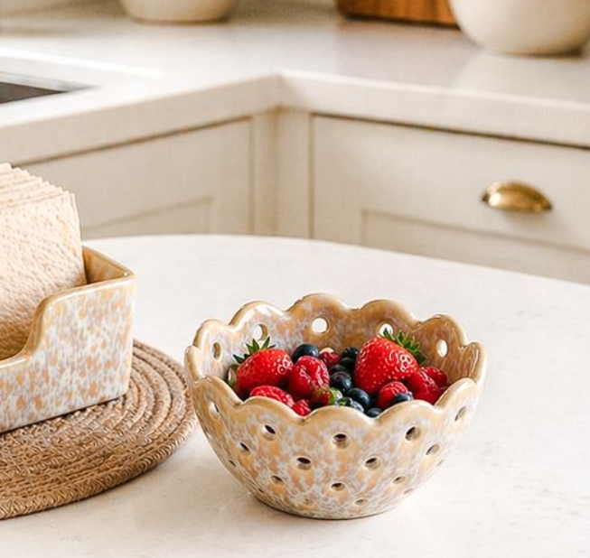 Beige Ceramic Berry Bin, Feathered Farmhouse