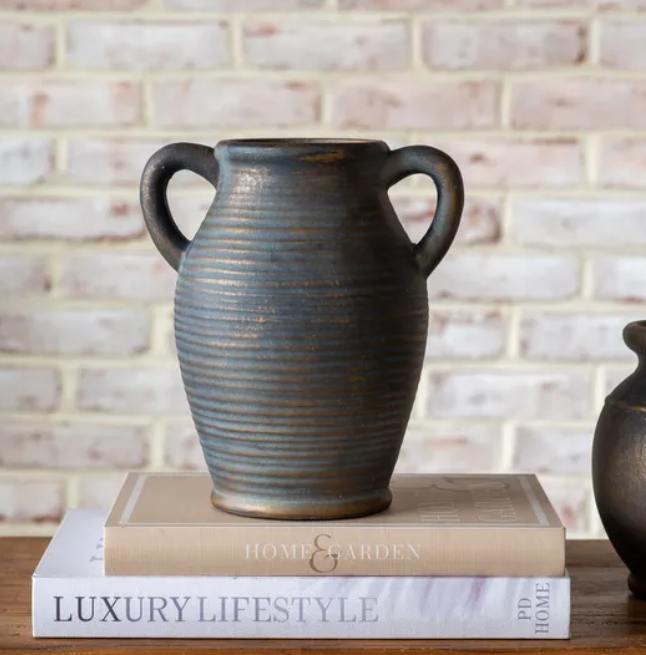 Antique Bronze Two Handled Vase, Feathered Farmhouse