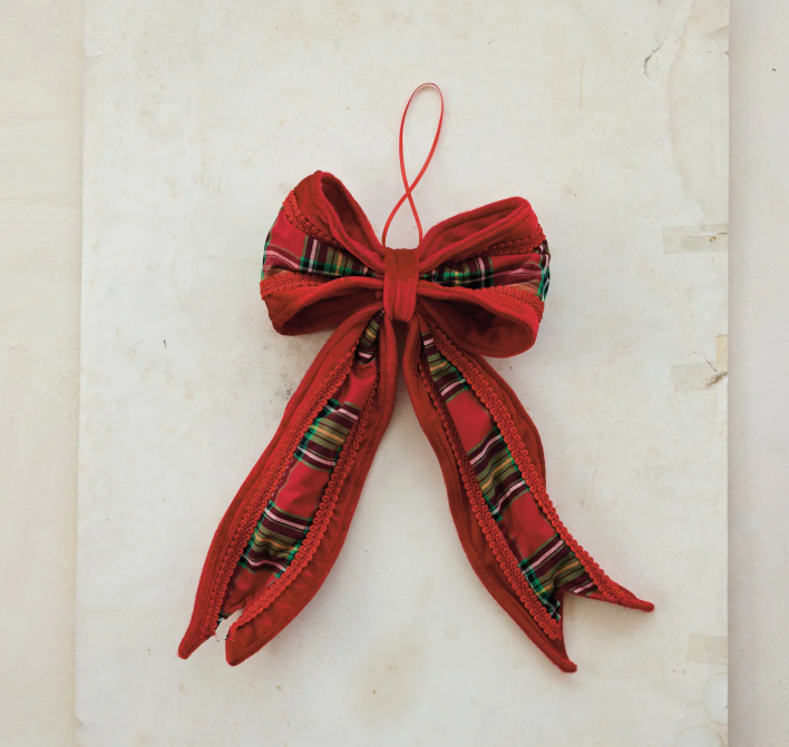 Oversized Fabric & Velvet Bow Ornament with Plaid Pattern, The Feathered Farmhouse