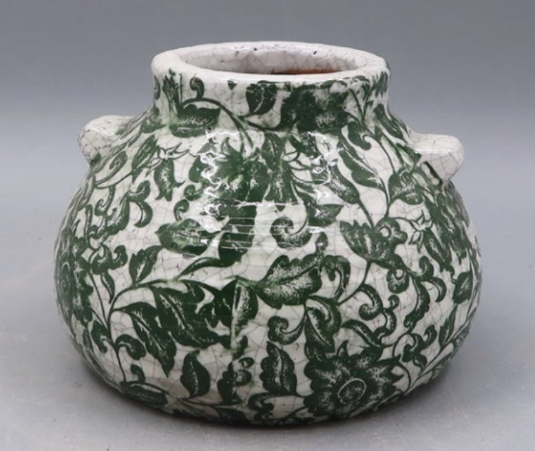 Round Green Floral Squat Vase, Feathered Farmhouse