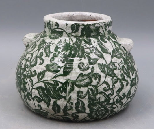 Round Green Floral Squat Vase, Feathered Farmhouse
