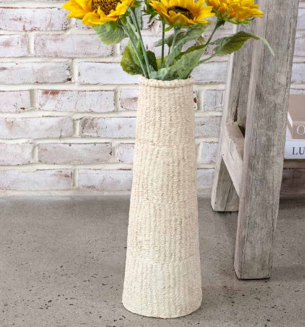 Natural Skinny Weave Cement Vase, Feathered Farmhouse