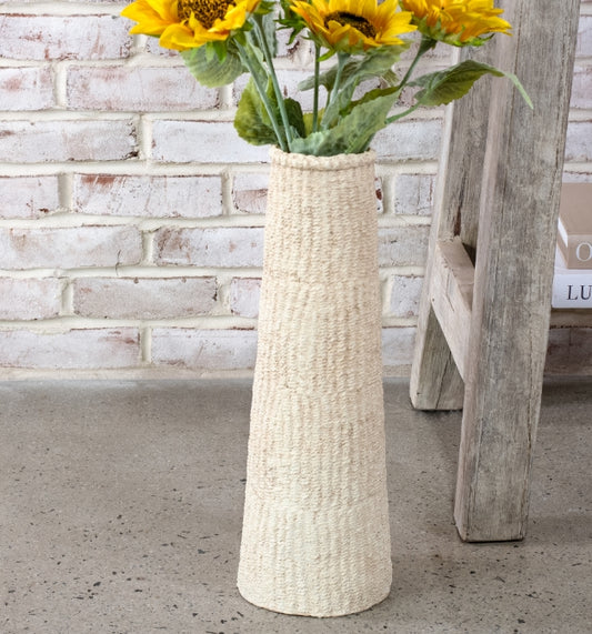 Natural Skinny Weave Cement Vase, Feathered Farmhouse