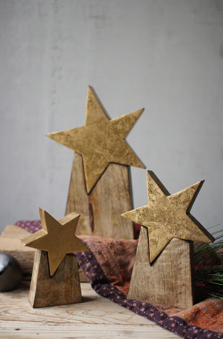 Wooden Star on Base, Feathered Farmhouse
