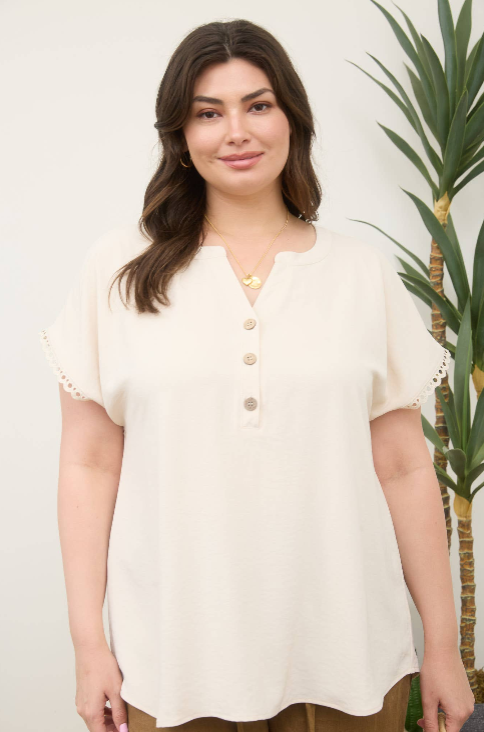 Lace Trim Henley Top, Feathered Farmhouse