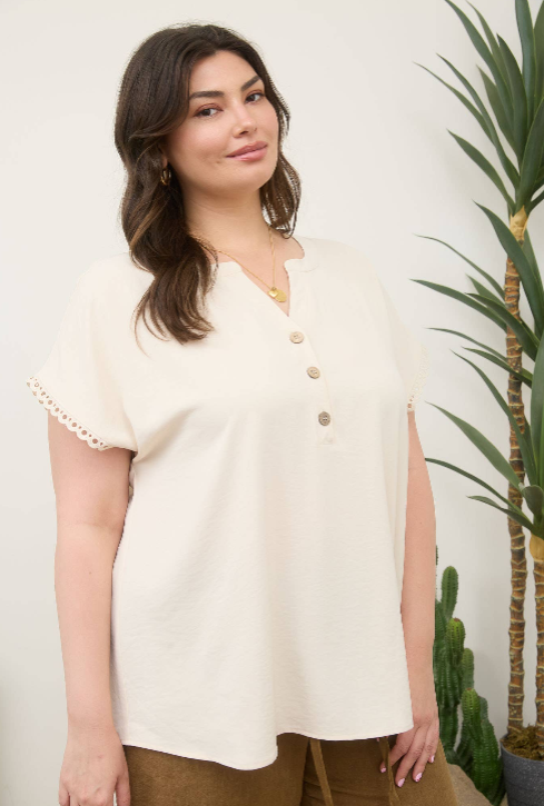 Lace Trim Henley Top, Feathered Farmhouse