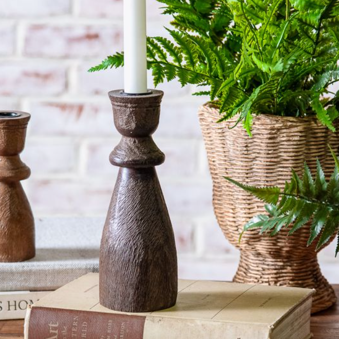 Dark Wood Taper Holder, Feathered Farmhouse