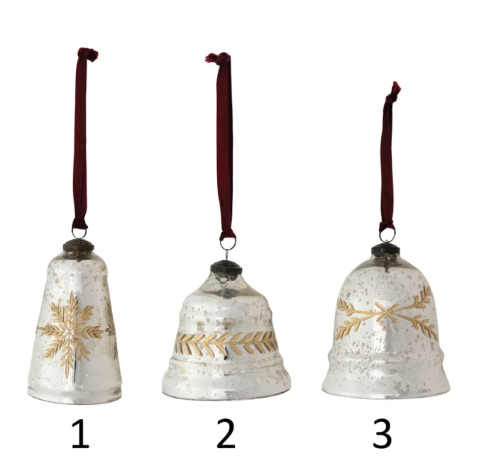 Etched Mercury Glass Bell Shaped Ornament with Burgundy Velvet Ribbon Hanger, The Feathered Farmhouse