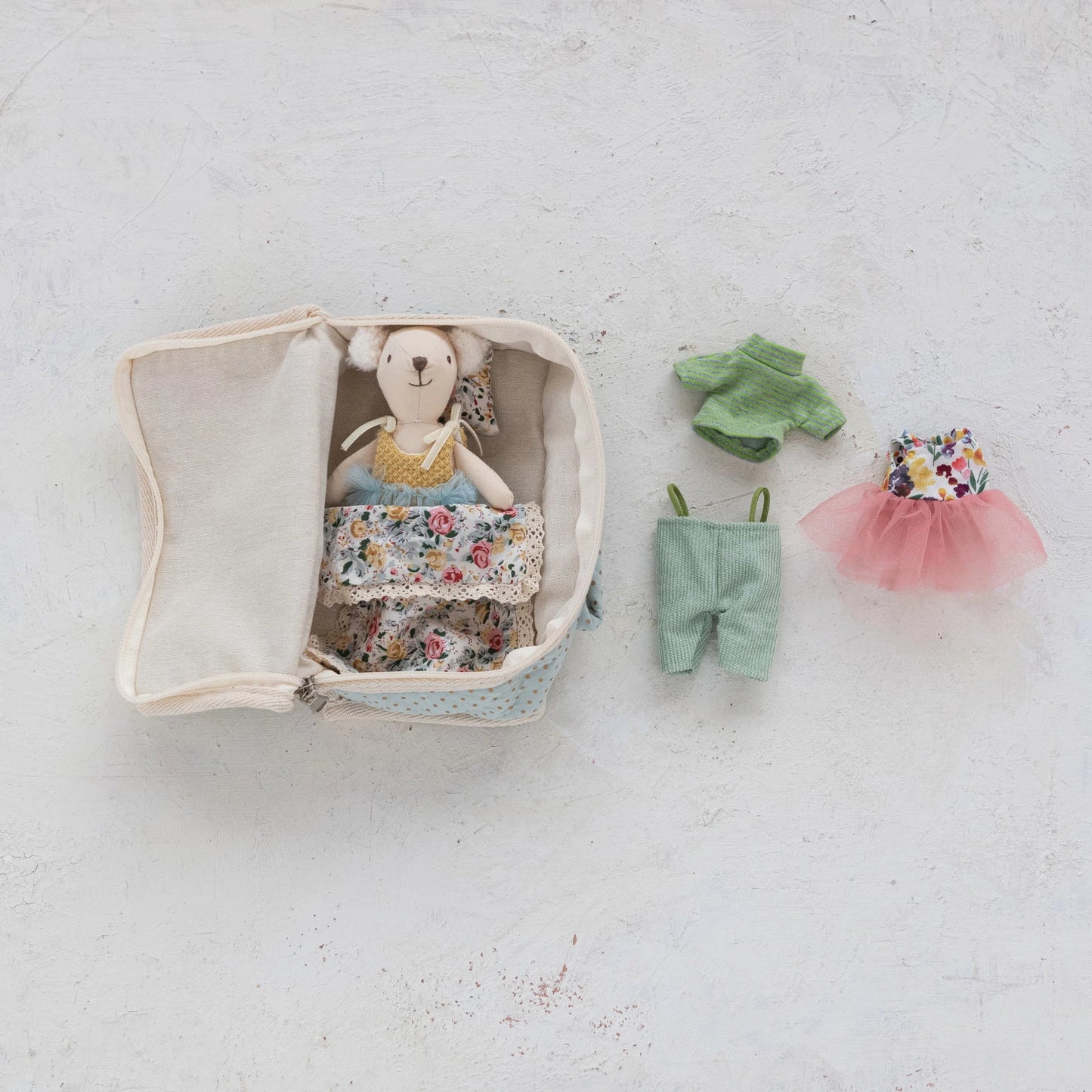 Fabric Suitcase Bed with Plush Bear & Outfits, Feathered Farmhouse