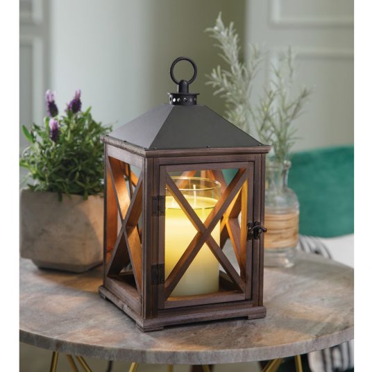Weathered Espresso Wooden Lantern, Feathered Farmhouse