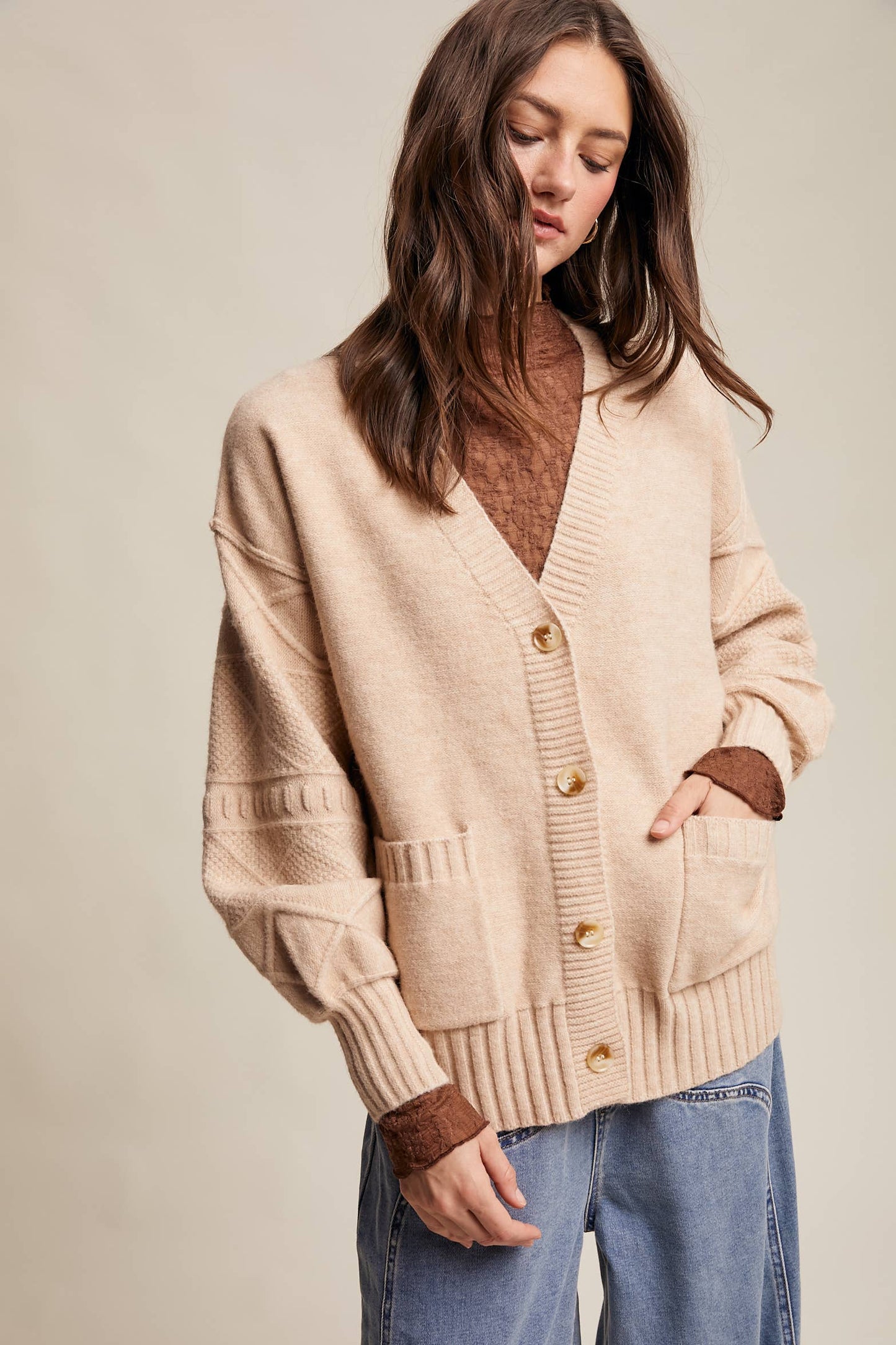 Textured Knit Button-Up Cardigan, Feathered Farmhouse