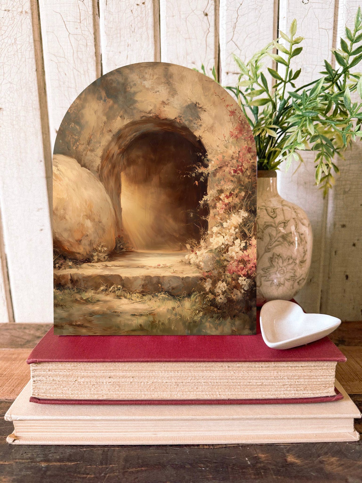 Jesus Tomb Arched Wood Sign Shelf Sitter, Feathered Farmhouse