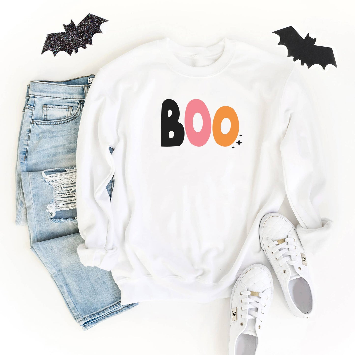 Boo Colorful Stars Sweatshirt, Feathered Farmhouse