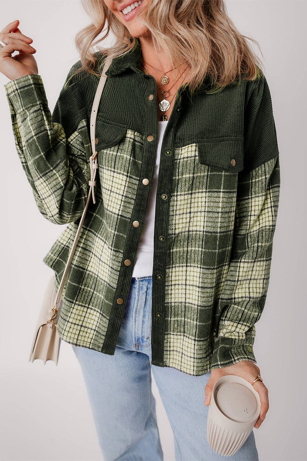 Blackish Green Snap Buttons Colorblock Plaid Shacket, Feathered Farmhouse