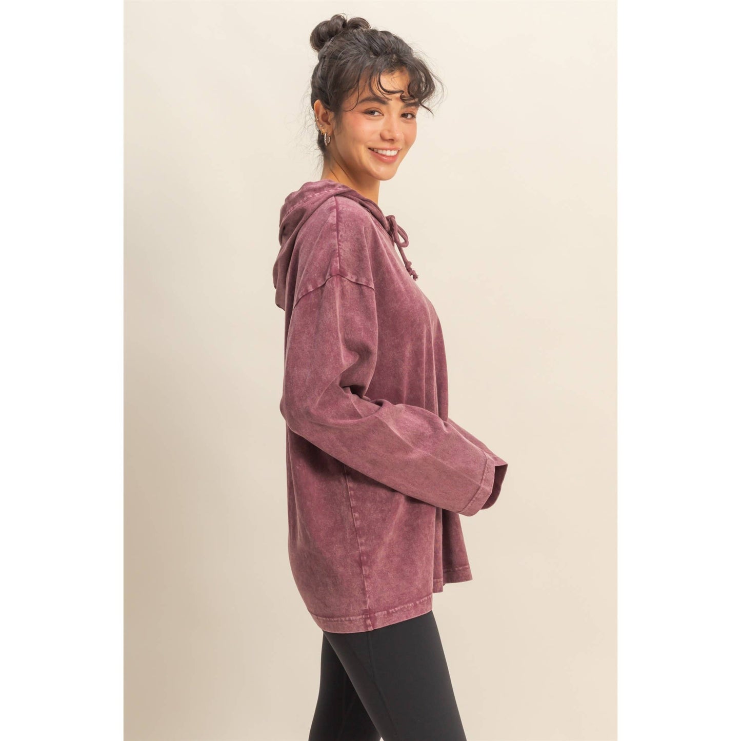 Oversized Hooded Long-Sleeve Top, Feathered Farmhouse
