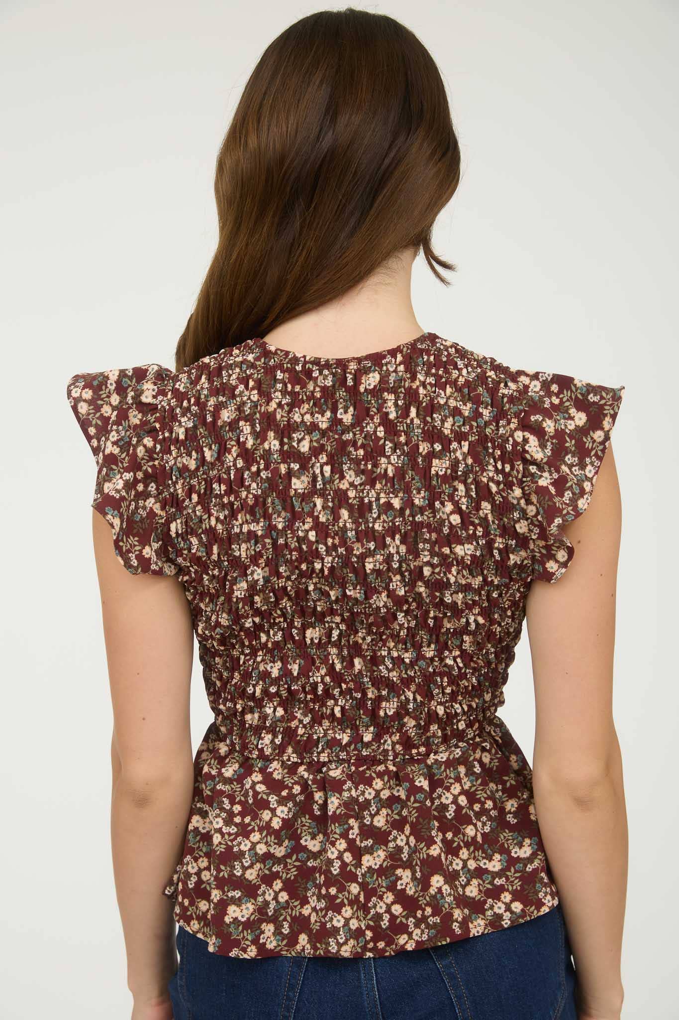 Floral Smocked Ruffle Sleeve Top, Feathered Farmhouse