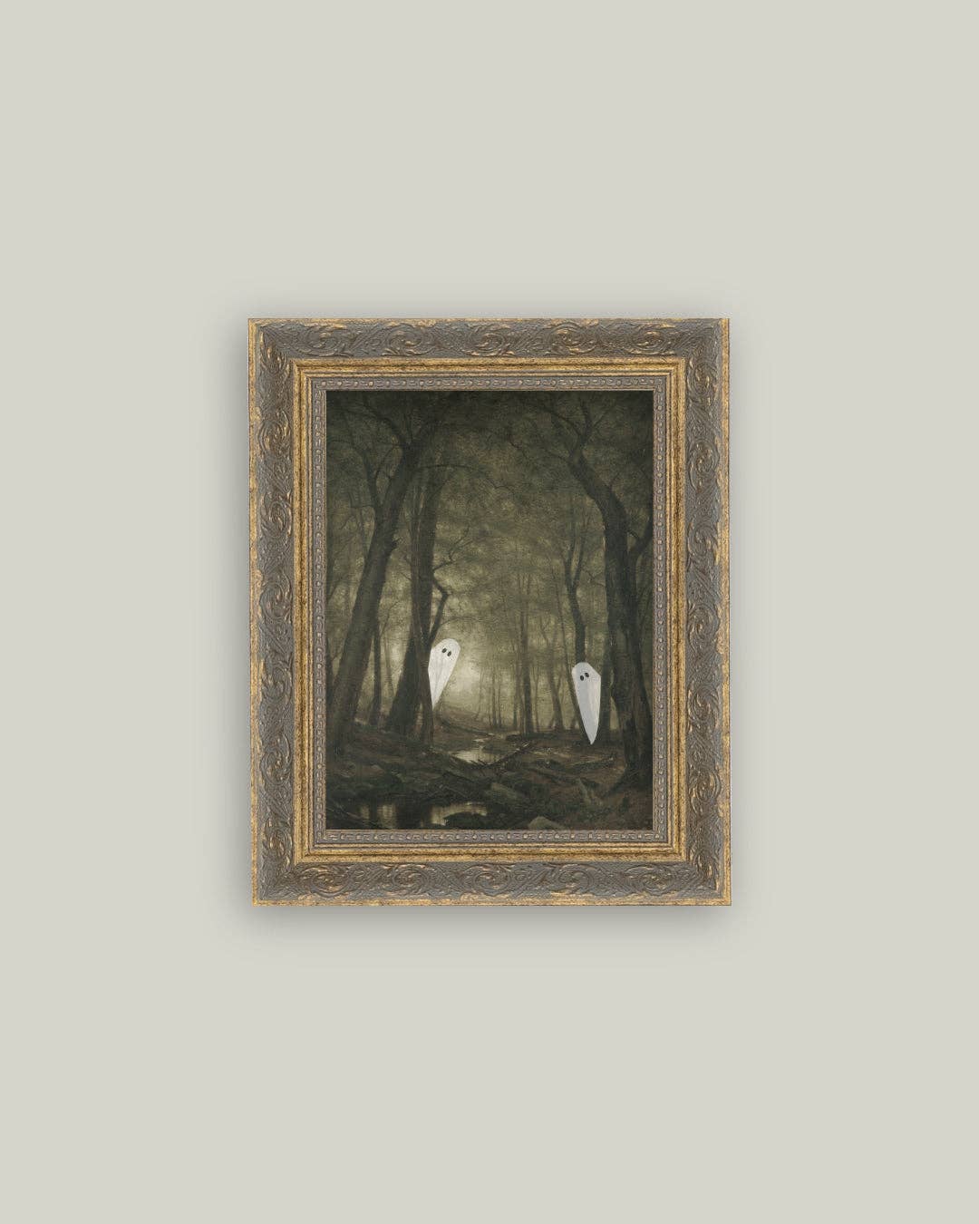 Peeking Ghost Framed Antique Art, Feathered Farmhouse