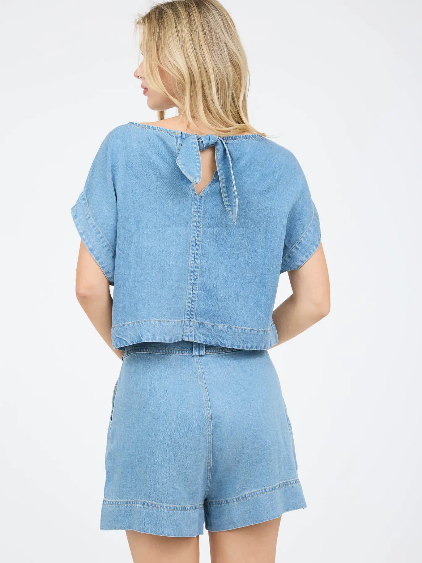 Chambray Boat Neck Short Sleeve Shirt, Feathered Farmhouse