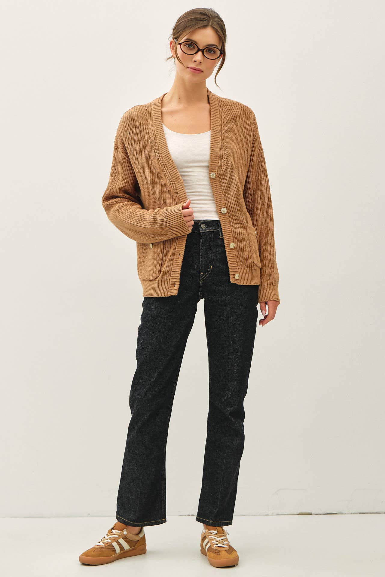 Mocha Varsity Style Cardigan, Feathered Farmhouse