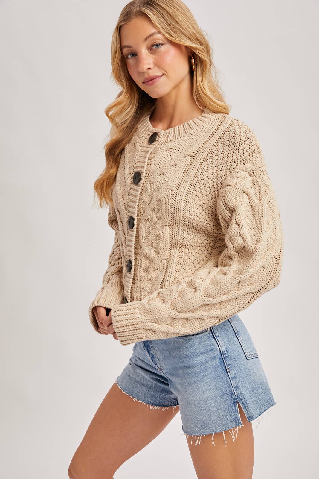 Cropped Button Front Cable Knit Cardigan, Feathered Farmhouse
