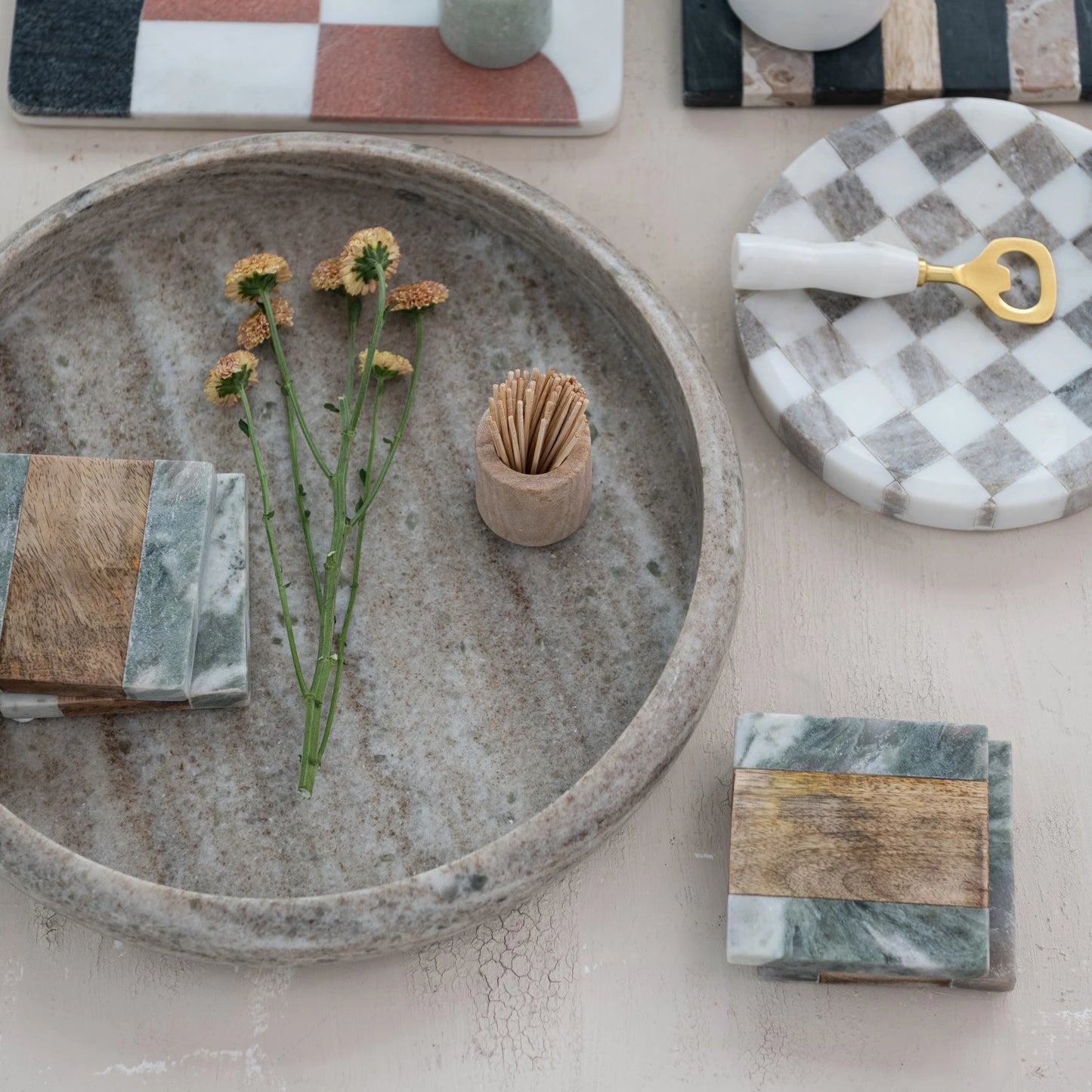 Marble Checkered Cheese/Serving Tray, Feathered Farmhouse