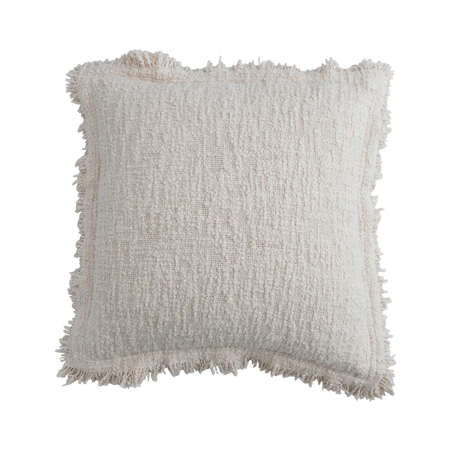 Square Woven Cotton Bouclé Pillow with Fringe & Flanged Edge, Feathered Farmhouse