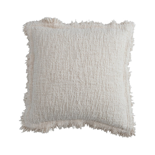 Square Woven Cotton Bouclé Pillow with Fringe & Flanged Edge, Feathered Farmhouse