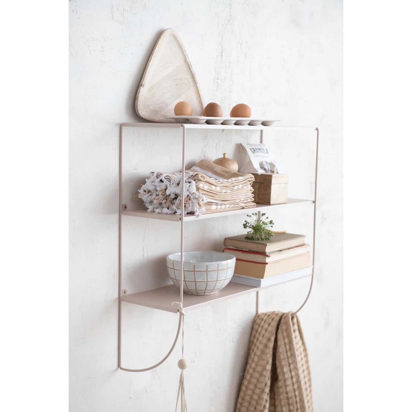 Blush Metal Wall Shelf with Three Shelves, Feathered Farmhouse
