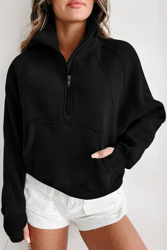 Zip Up Stand Collar Ribbed Thumbhole Sweatshirt, Feathered Farmhouse