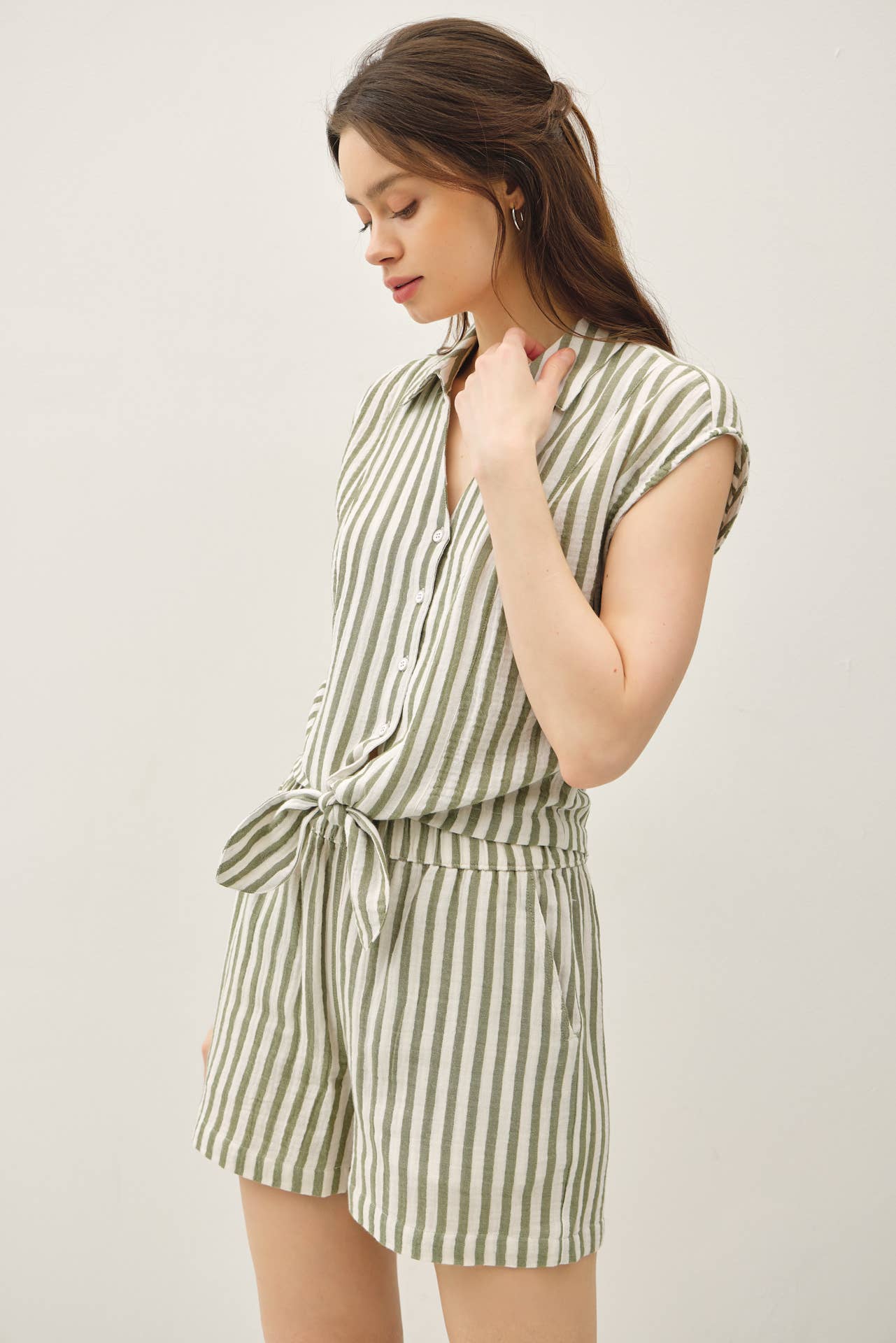 Striped Cotton Gauze Front Tie Shirt, Feathered Farmhouse