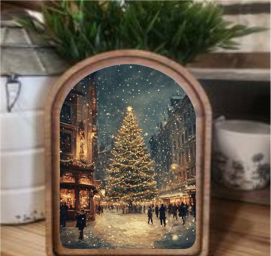 Christmas Tree Main Street Framed Art Arch Top, Feathered Farmhouse
