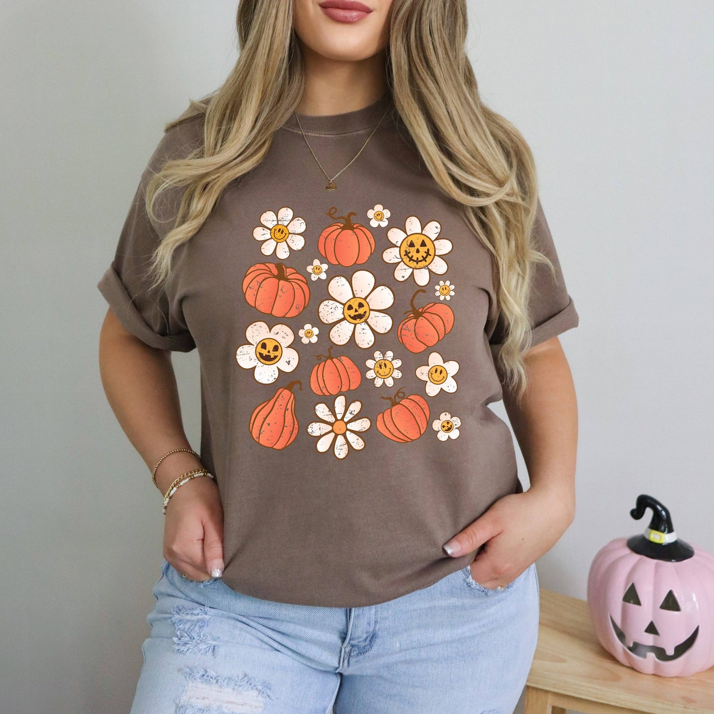 Distressed Flowers and Pumpkins Garment Dyed Tee, Feathered Farmhouse
