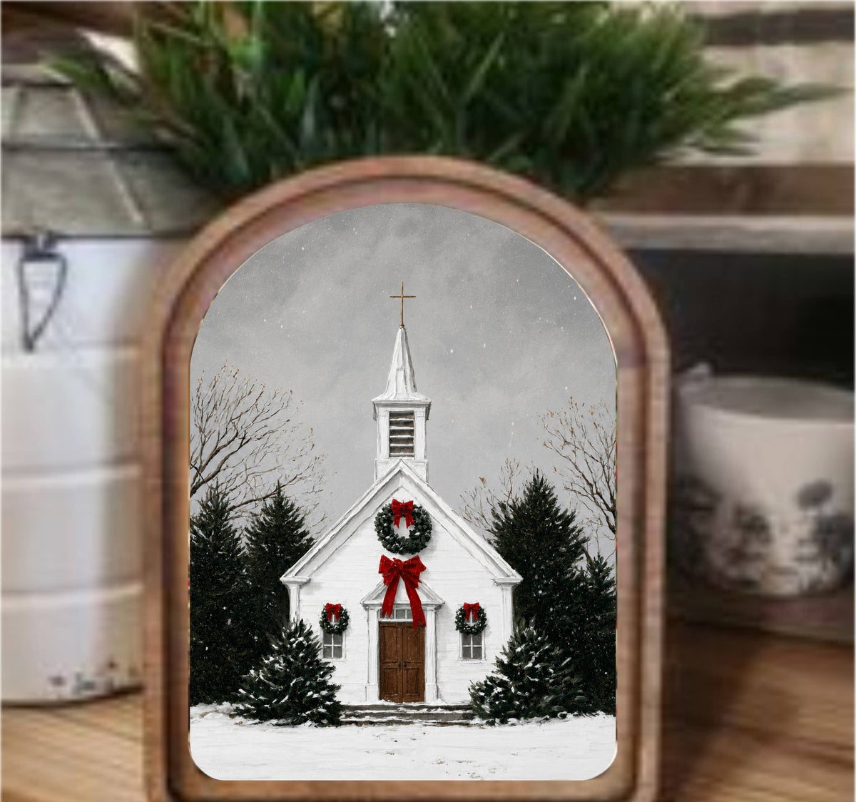 Christmas Church Framed Arch Top, Feathered Farmhouse