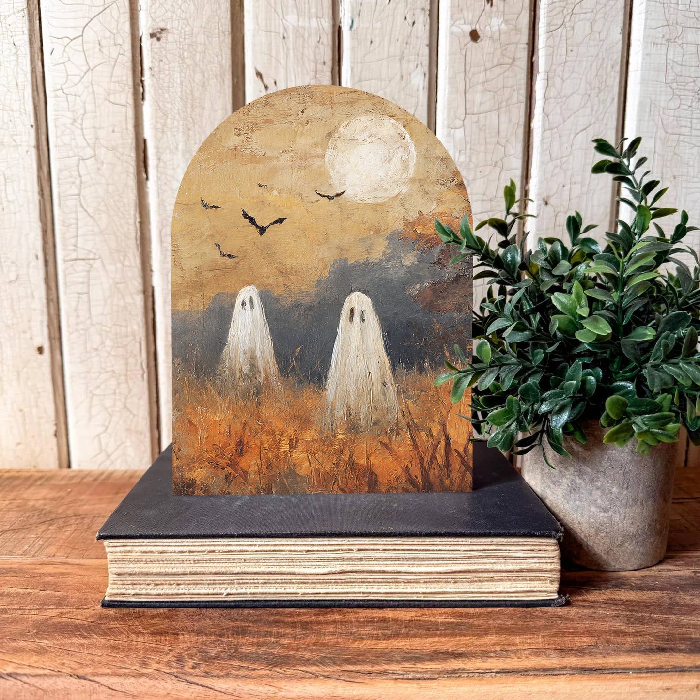 Spooky Ghosts Halloween Arched Shelf Sitter, Feathered Farmhouse