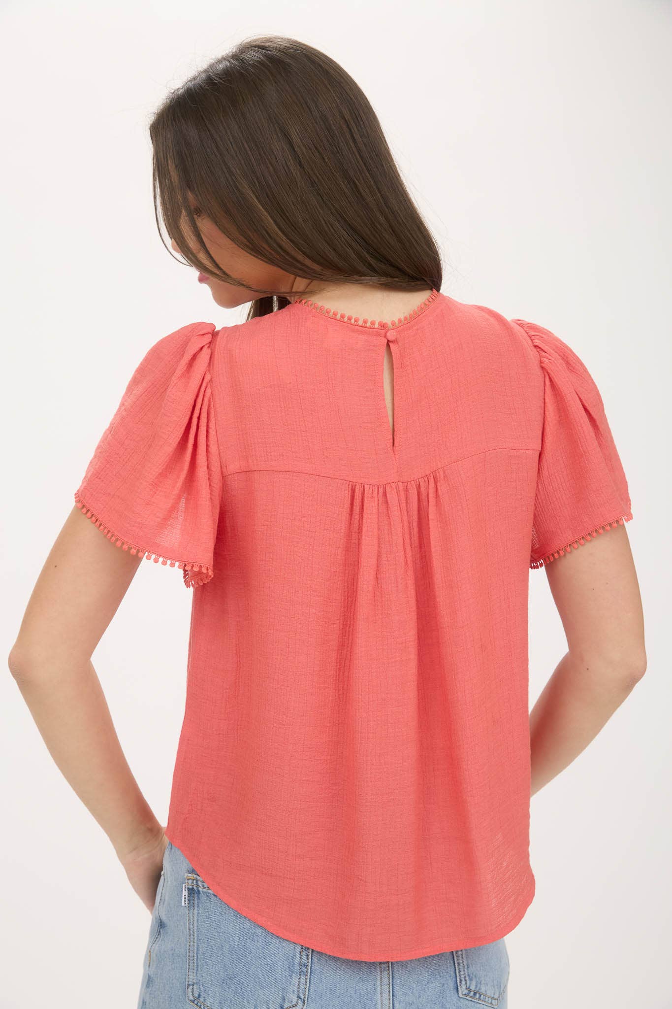 Sheer Lace Yoke Short Sleeve Blouse, Feathered Farmhouse