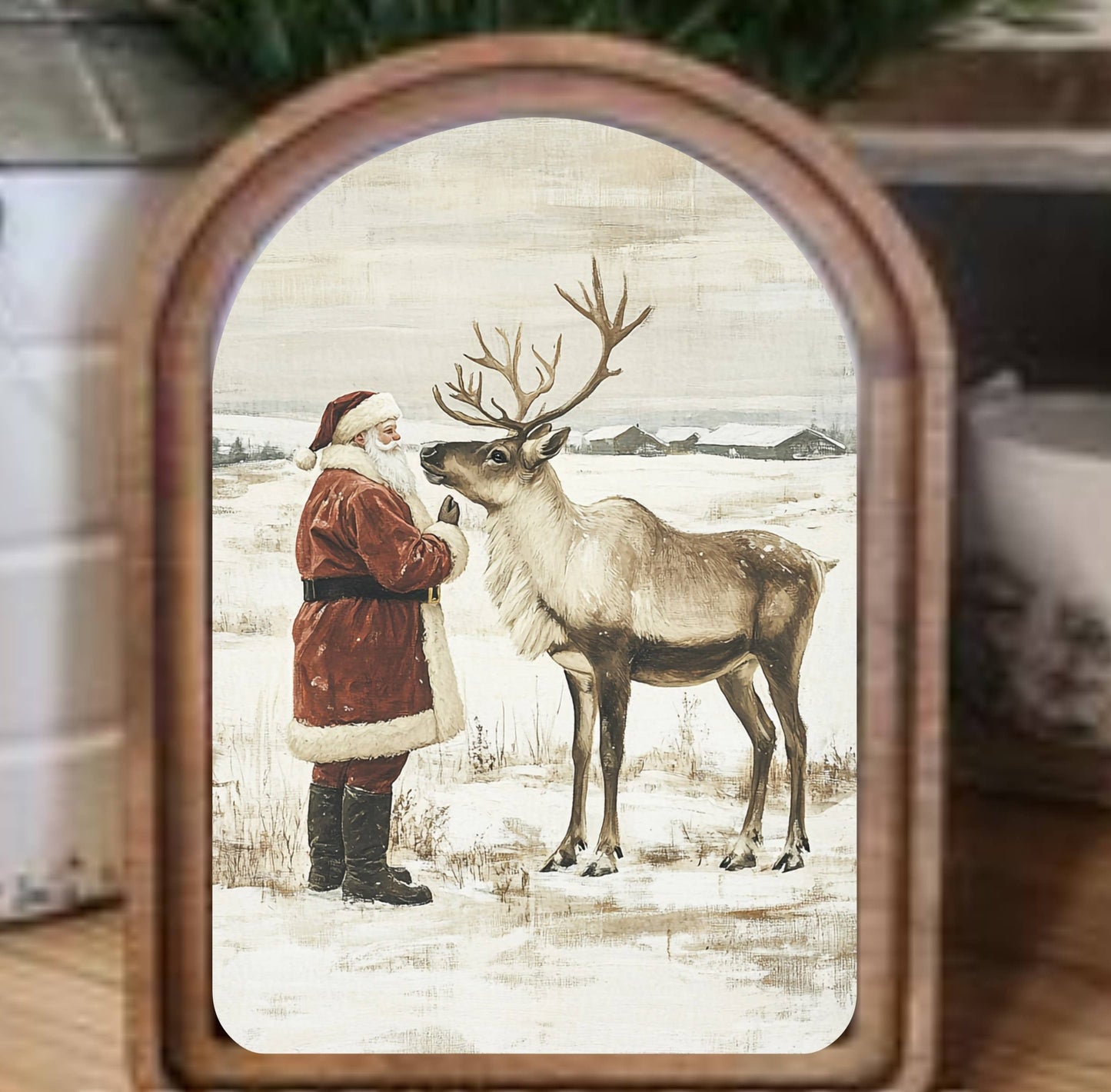 Arch Top Santa Reindeer Neutral Framed Art, Feathered Farmhouse