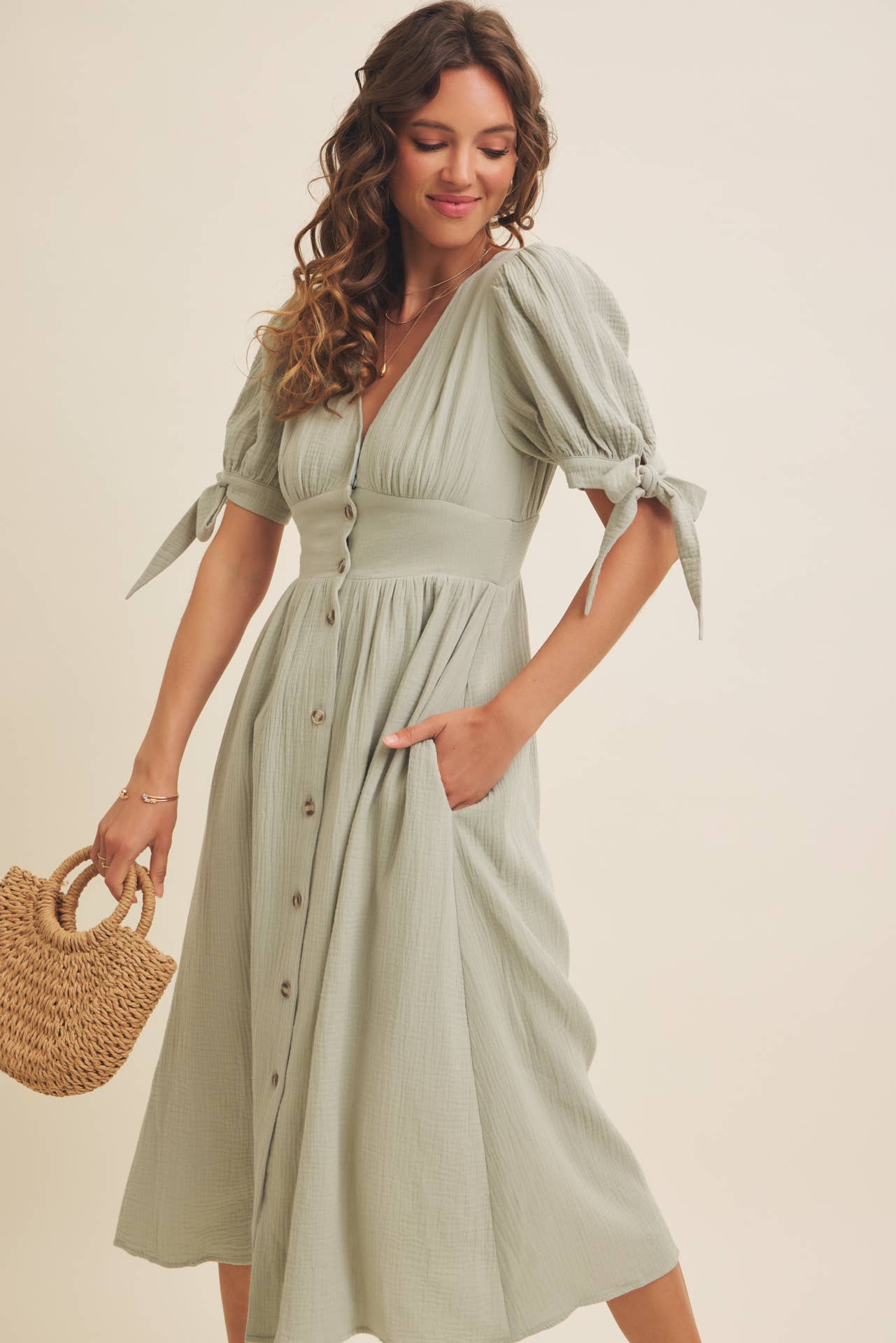 Cotton Gauze Button-Down Midi Dress, Feathered Farmhouse