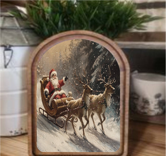Santa Sleigh Framed Art Arch Top, Feathered Farmhouse